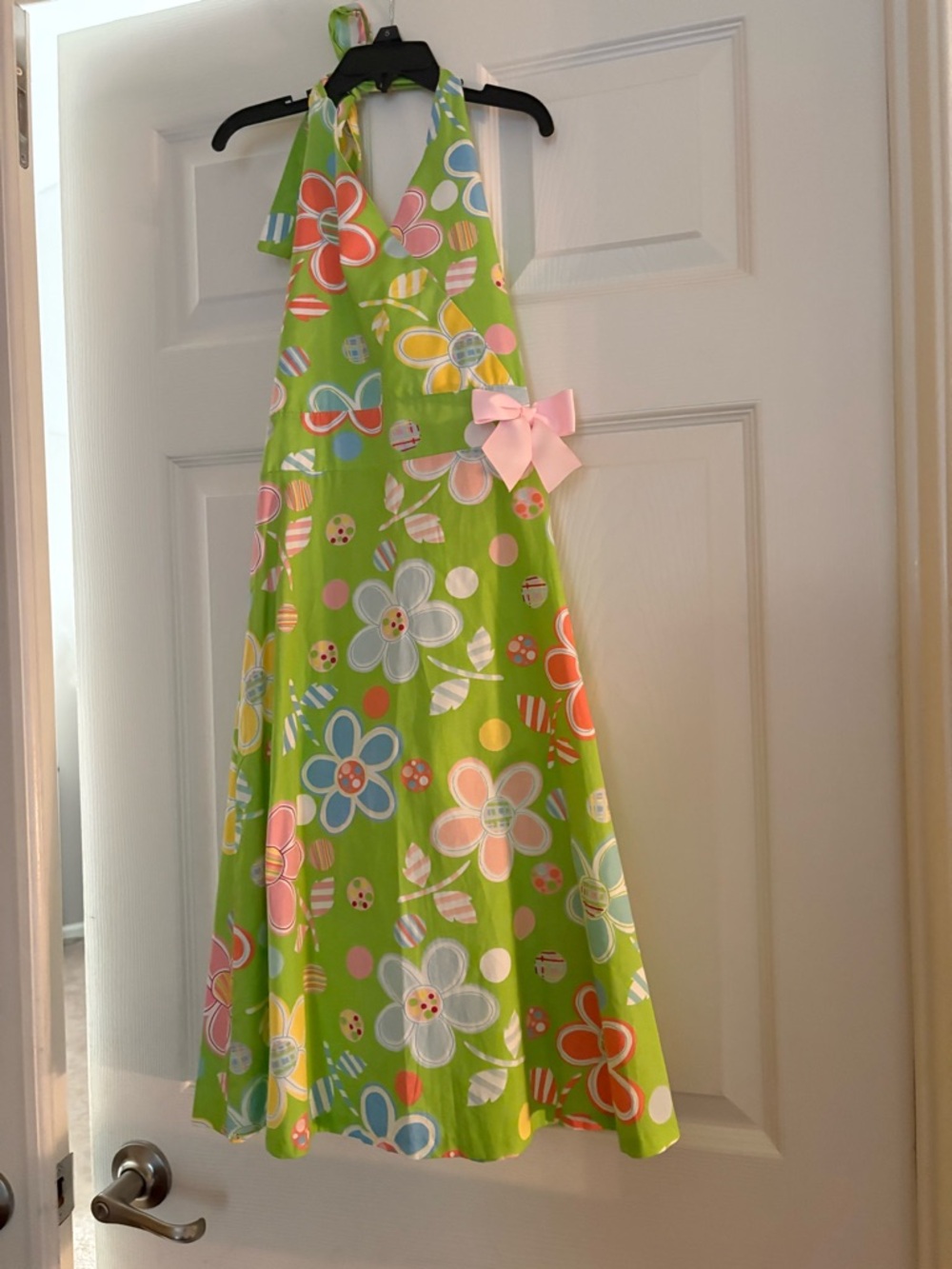 New Rare Editions Lime Green Floral Halter Dress with Pink Bow